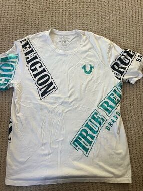 True Religion White Tee with Teal and Black Graphic Branding Y2K style